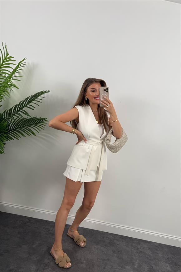 Premium Seri Belden Oturtma Kuşaklı Double Kumaş Yelek Ekru