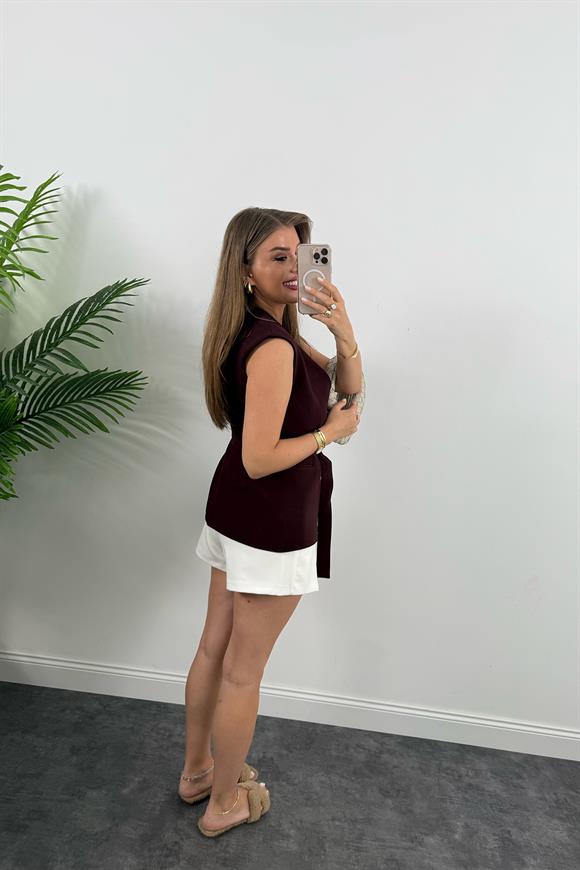 Premium Seri Belden Oturtma Kuşaklı Double Kumaş Yelek Mürdüm