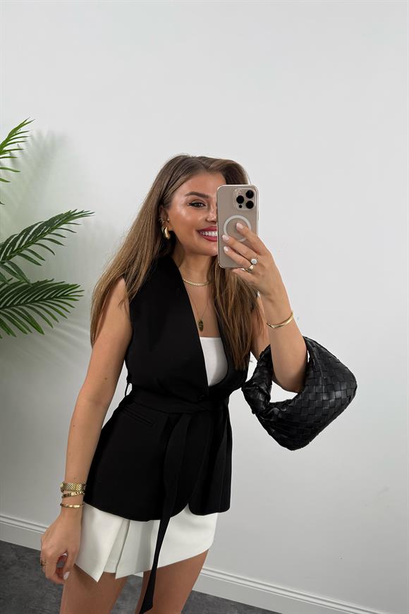 Premium Seri Belden Oturtma Kuşaklı Double Kumaş Yelek Siyah