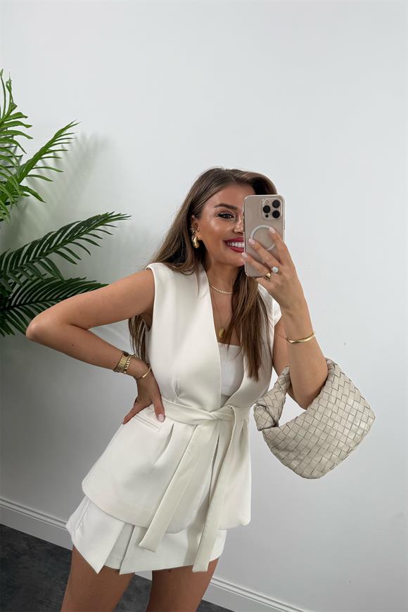 Premium Seri Belden Oturtma Kuşaklı Double Kumaş Yelek Ekru