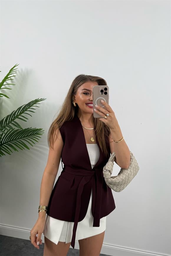 Premium Seri Belden Oturtma Kuşaklı Double Kumaş Yelek Mürdüm