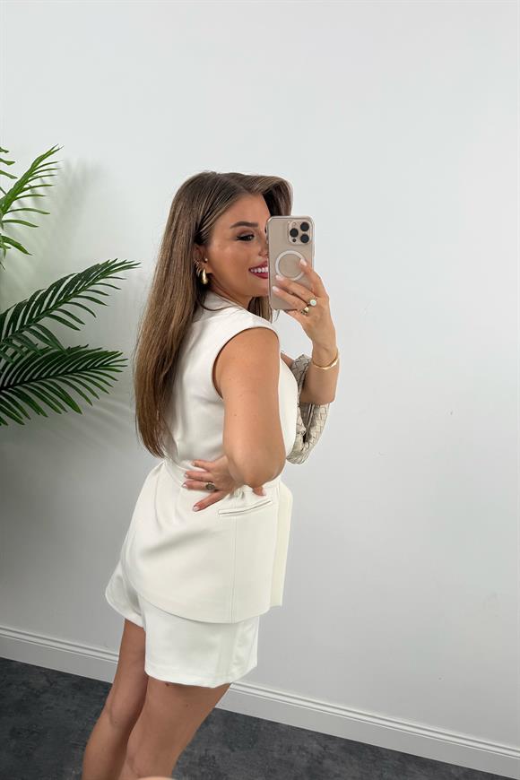 Premium Seri Belden Oturtma Kuşaklı Double Kumaş Yelek Ekru