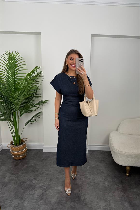 Premium Seri Beli Drapeli Likralı Yırtmaçlı Midi Boy Jean Elbise