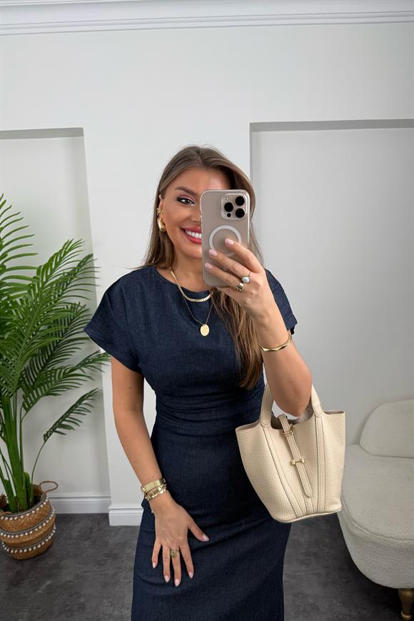 Premium Seri Beli Drapeli Likralı Yırtmaçlı Midi Boy Jean Elbise