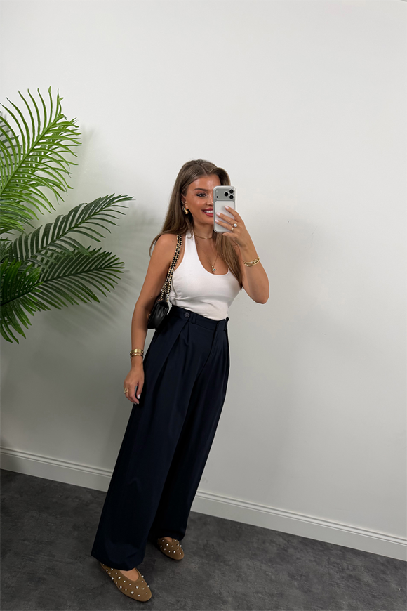 Premium Seri Beli Düğmeli Bol Paça Kumaş Pantolon Lacivert