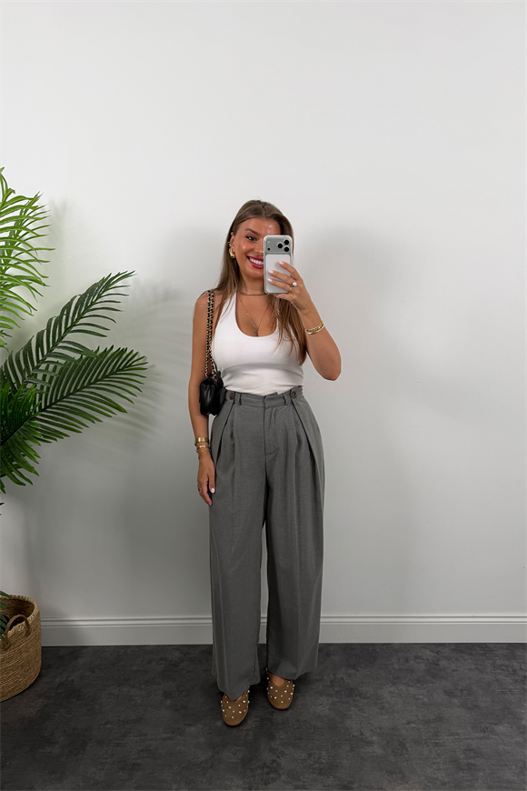 Premium Seri Beli Düğmeli Bol Paça Kumaş Pantolon Gri
