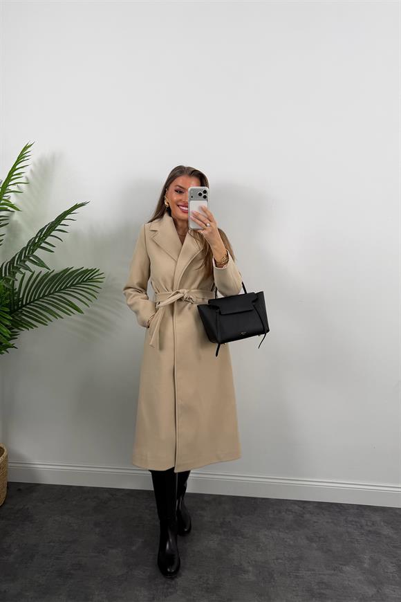 Premium Seri Beli Kuşaklı Basic Maxi Kaşe Kaban Taş