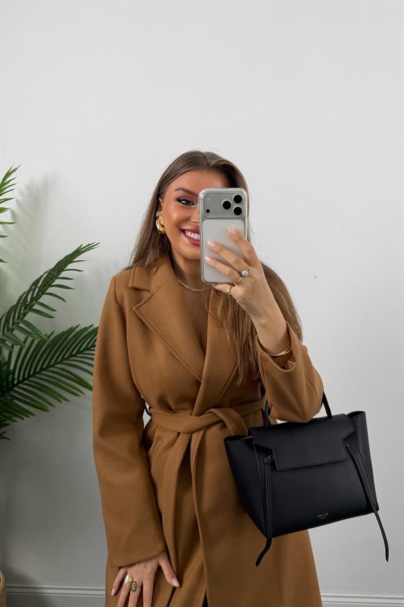 Premium Seri Beli Kuşaklı Basic Maxi Kaşe Kaban Camel 