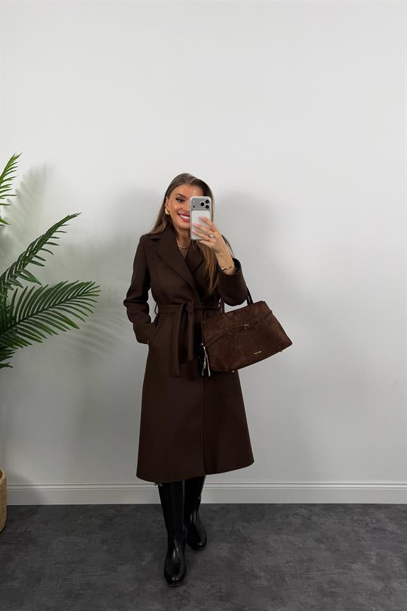 Premium Seri Beli Kuşaklı Basic Maxi Kaşe Kaban Acı Kahve