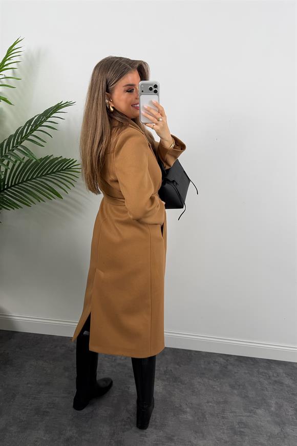 Premium Seri Beli Kuşaklı Basic Maxi Kaşe Kaban Camel 