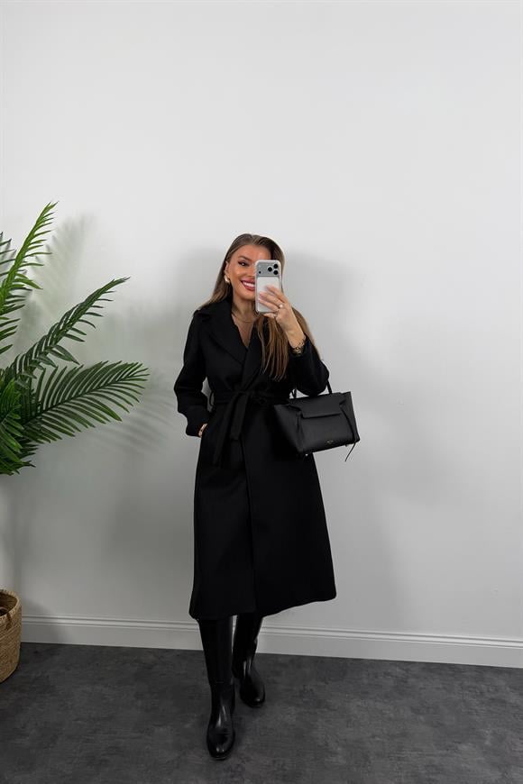 Premium Seri Beli Kuşaklı Basic Maxi Kaşe Kaban Siyah