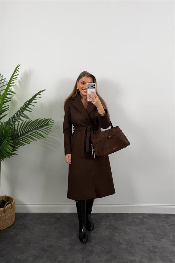 Premium Seri Beli Kuşaklı Basic Maxi Kaşe Kaban Acı Kahve