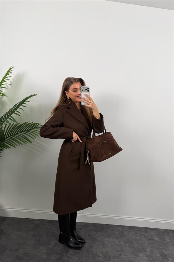 Premium Seri Beli Kuşaklı Basic Maxi Kaşe Kaban Acı Kahve