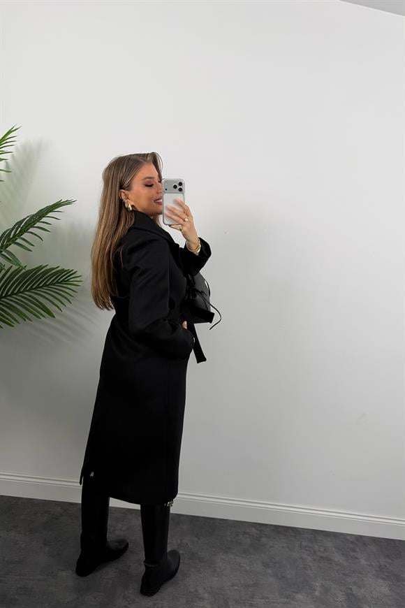 Premium Seri Beli Kuşaklı Basic Maxi Kaşe Kaban Siyah