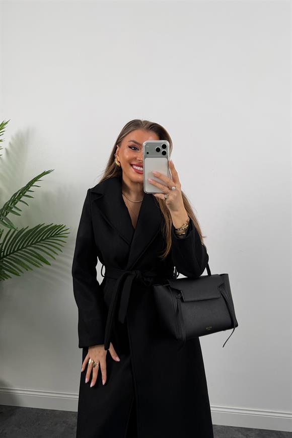 Premium Seri Beli Kuşaklı Basic Maxi Kaşe Kaban Siyah