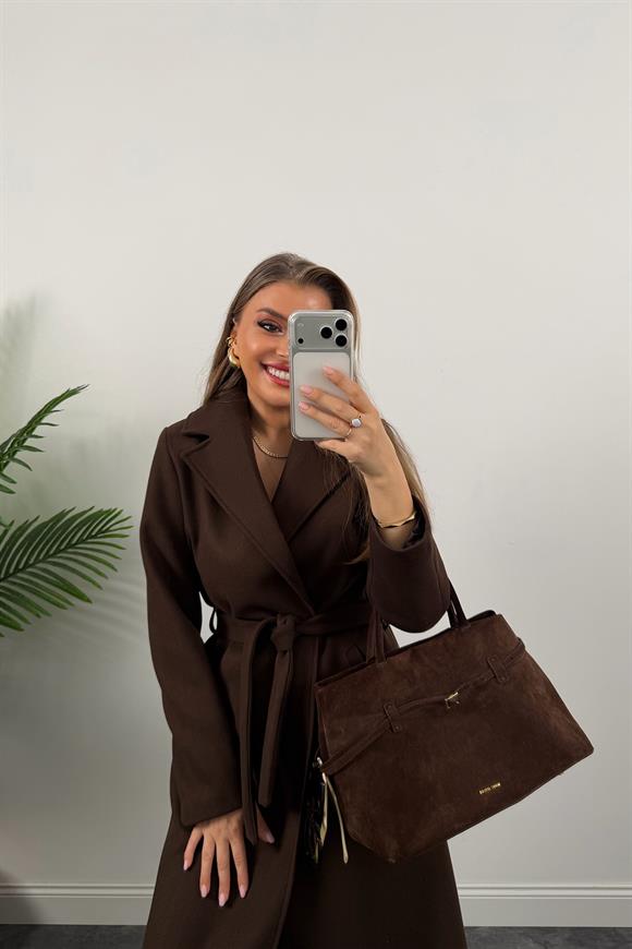 Premium Seri Beli Kuşaklı Basic Maxi Kaşe Kaban Acı Kahve