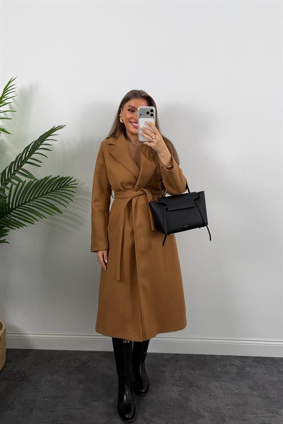 Premium Seri Beli Kuşaklı Basic Maxi Kaşe Kaban Camel 