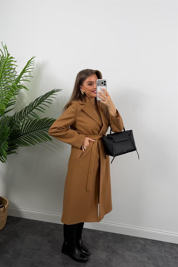 Premium Seri Beli Kuşaklı Basic Maxi Kaşe Kaban Camel 