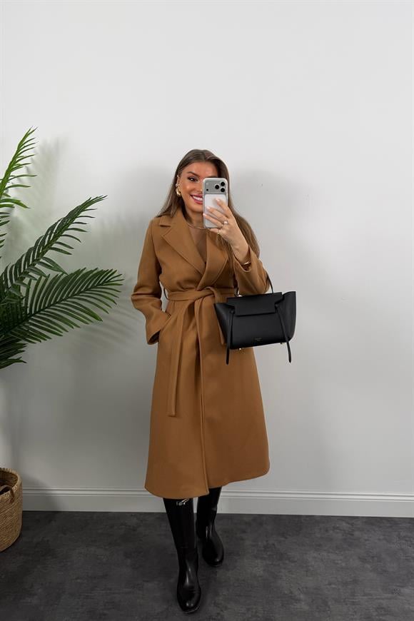 Premium Seri Beli Kuşaklı Basic Maxi Kaşe Kaban Camel 