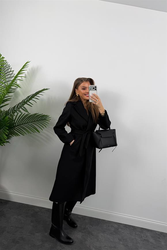 Premium Seri Beli Kuşaklı Basic Maxi Kaşe Kaban Siyah