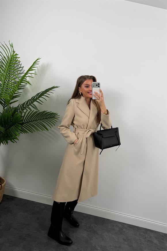 Premium Seri Beli Kuşaklı Basic Maxi Kaşe Kaban Taş