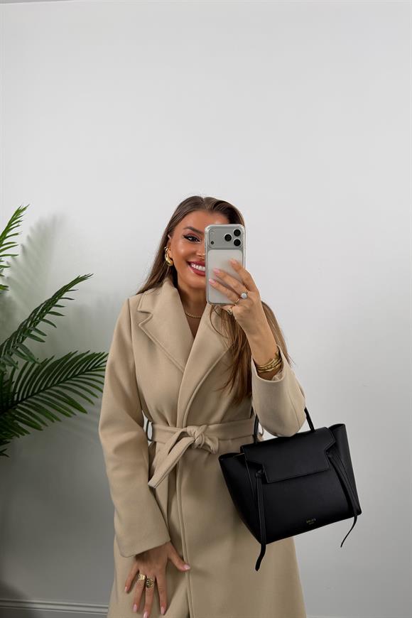 Premium Seri Beli Kuşaklı Basic Maxi Kaşe Kaban Taş