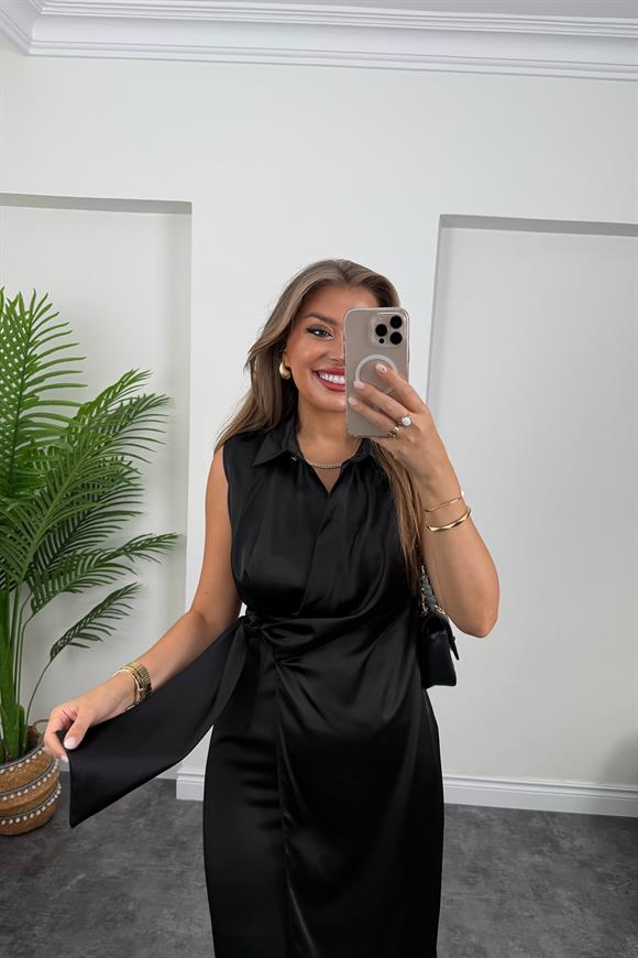 Premium Seri Beli Kuşaklı Yaka Midi Elbise Siyah