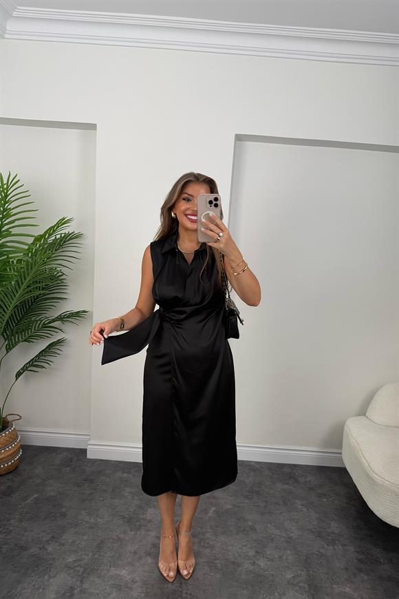 Premium Seri Beli Kuşaklı Yaka Midi Elbise Siyah