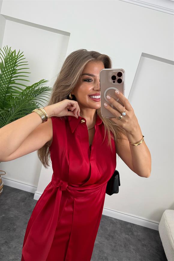 Premium Seri Beli Kuşaklı Yaka Midi Elbise Kırmızı