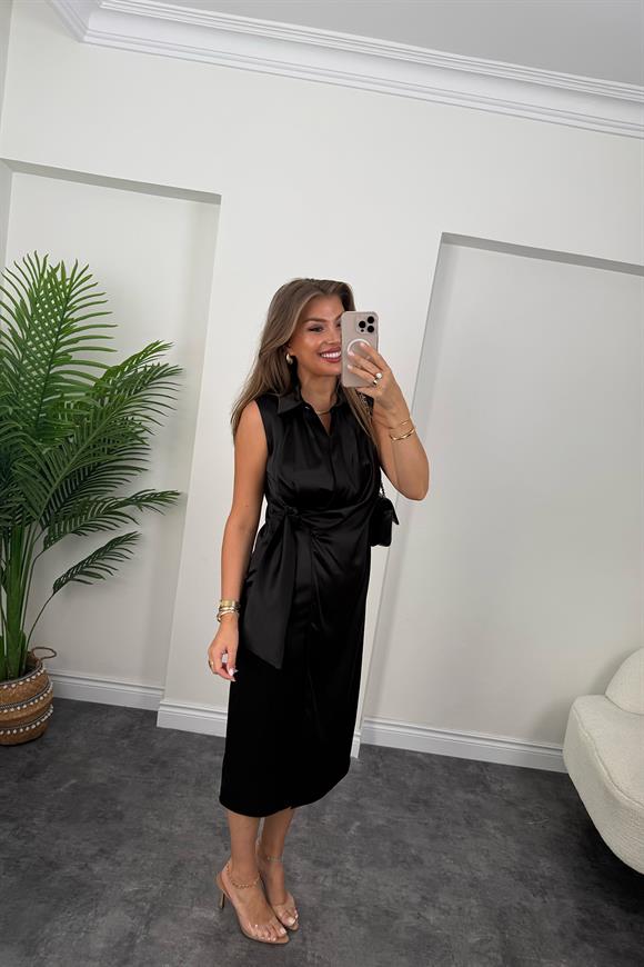 Premium Seri Beli Kuşaklı Yaka Midi Elbise Siyah