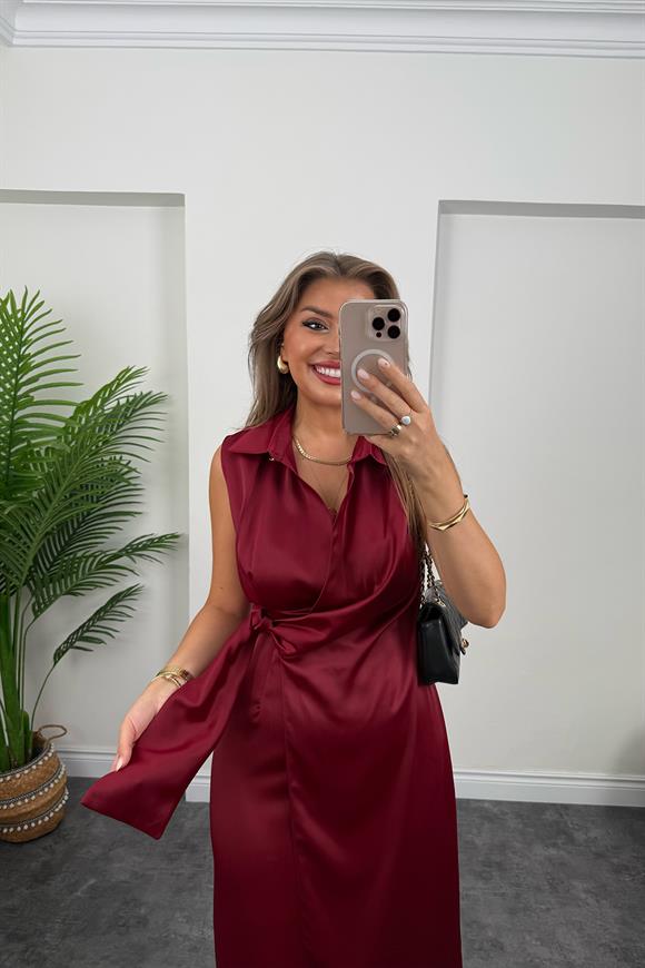 Premium Seri Beli Kuşaklı Yaka Midi Elbise Bordo