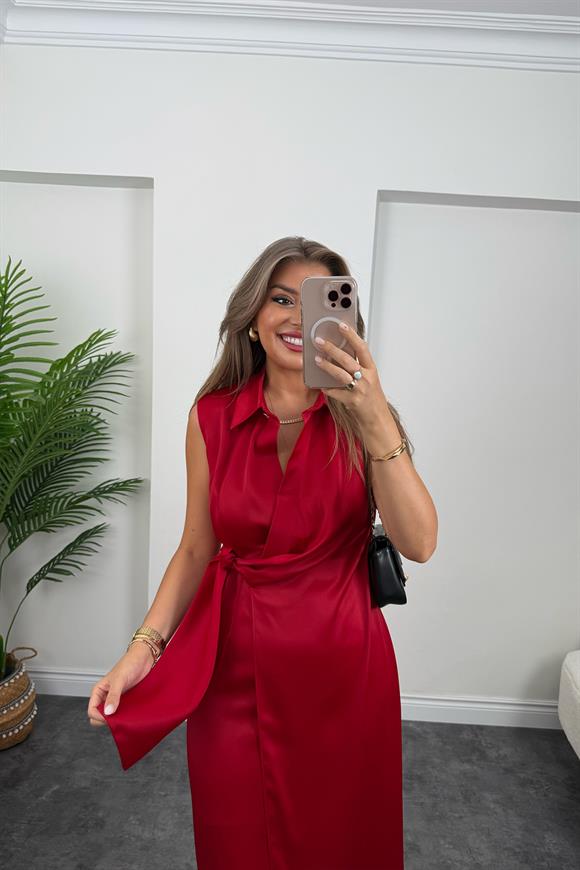 Premium Seri Beli Kuşaklı Yaka Midi Elbise Kırmızı