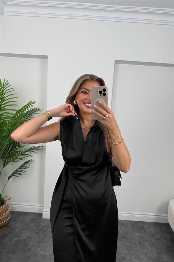 Premium Seri Beli Kuşaklı Yaka Midi Elbise Siyah