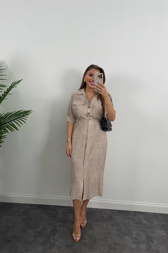 Premium Seri Beli Lastikli Ahşap Düğmeli Midi Boy Elbise Naturel Bej