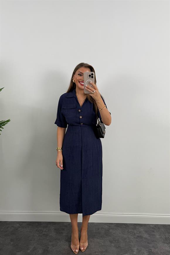 Premium Seri Beli Lastikli Ahşap Düğmeli Midi Boy Elbise Lacivert