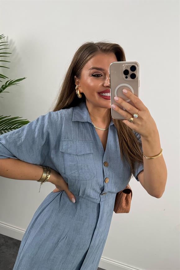 Premium Seri Beli Lastikli Ahşap Düğmeli Midi Boy Elbise Mavi