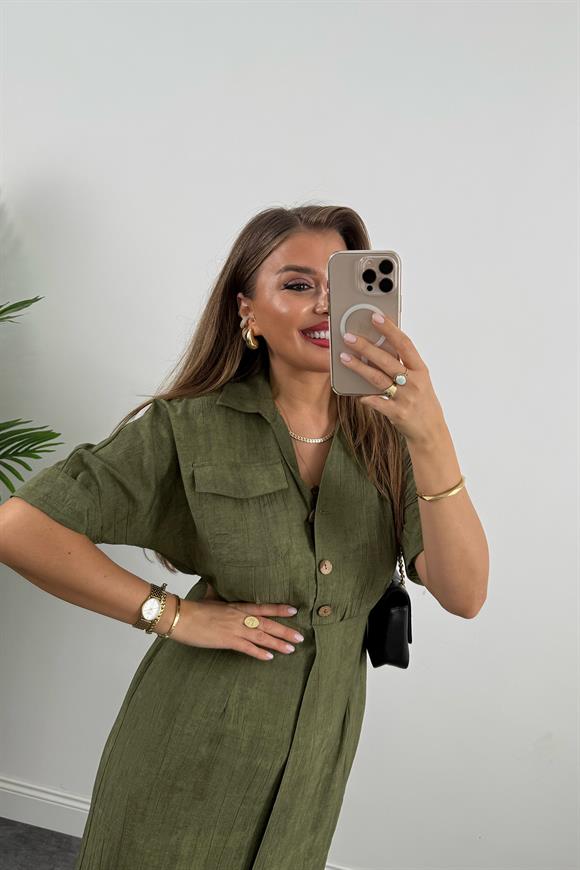 Premium Seri Beli Lastikli Ahşap Düğmeli Midi Boy Elbise Haki