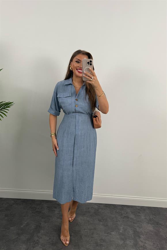 Premium Seri Beli Lastikli Ahşap Düğmeli Midi Boy Elbise Mavi