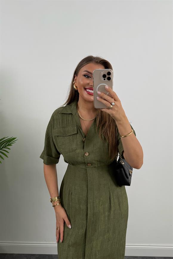 Premium Seri Beli Lastikli Ahşap Düğmeli Midi Boy Elbise Haki