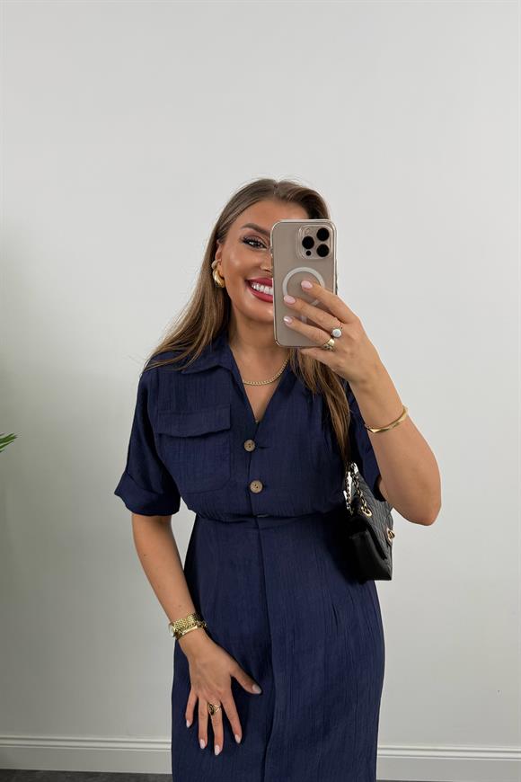 Premium Seri Beli Lastikli Ahşap Düğmeli Midi Boy Elbise Lacivert