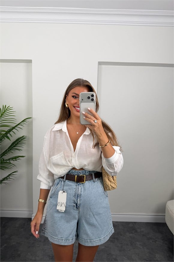 Premium Seri Beli Lastikli Şehir Boy Jean Şort Açık Mavi