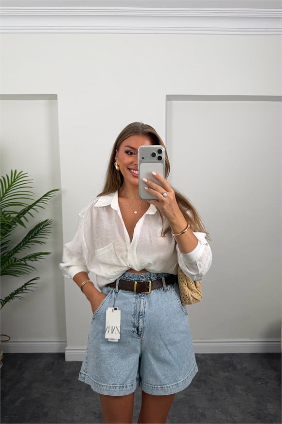 Premium Seri Beli Lastikli Şehir Boy Jean Şort Açık Mavi