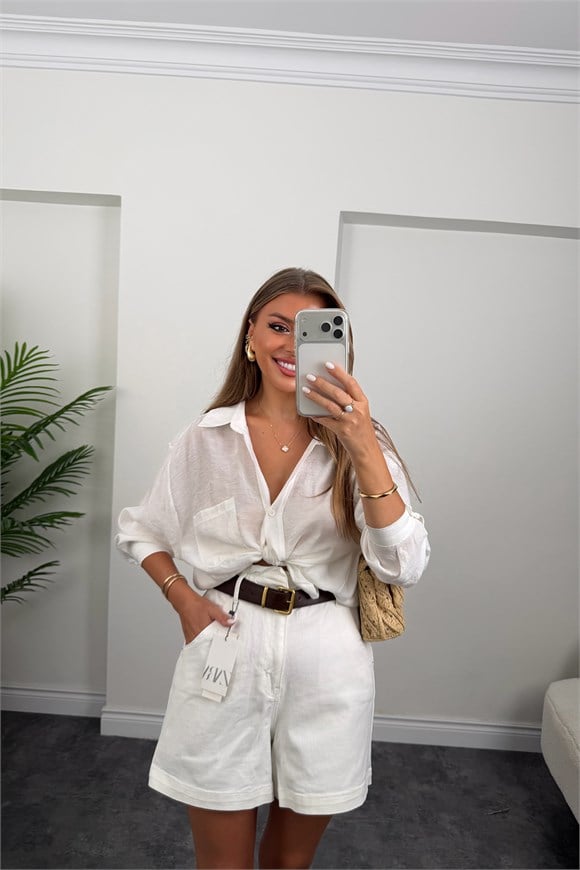 Premium Seri Beli Lastikli Şehir Boy Jean Şort Beyaz