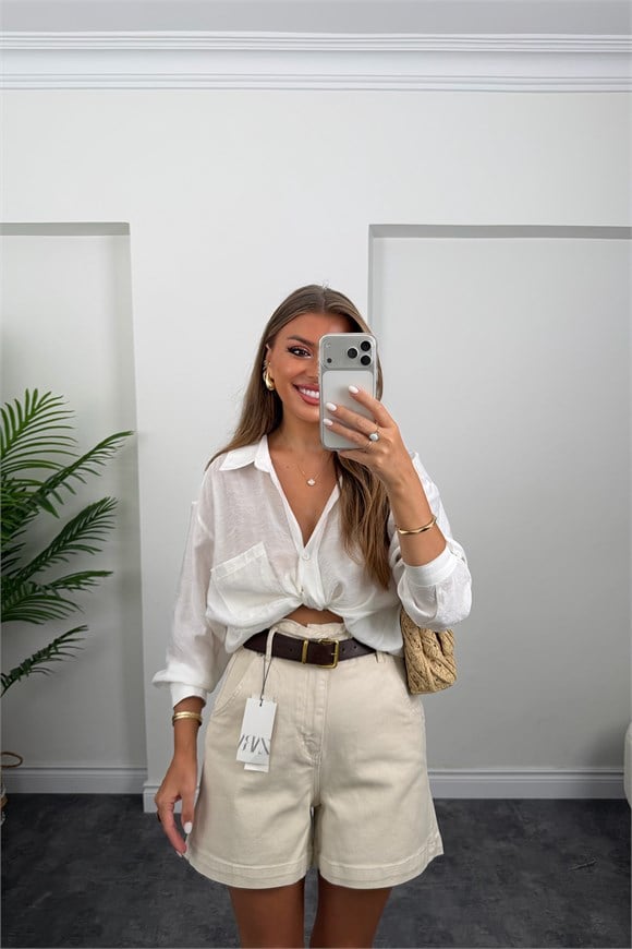 Premium Seri Beli Lastikli Şehir Boy Jean Şort Taş