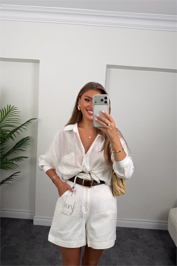 Premium Seri Beli Lastikli Şehir Boy Jean Şort Beyaz