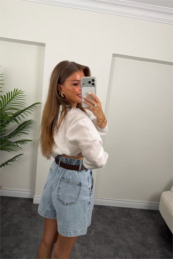 Premium Seri Beli Lastikli Şehir Boy Jean Şort Açık Mavi