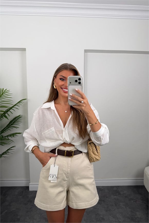 Premium Seri Beli Lastikli Şehir Boy Jean Şort Taş