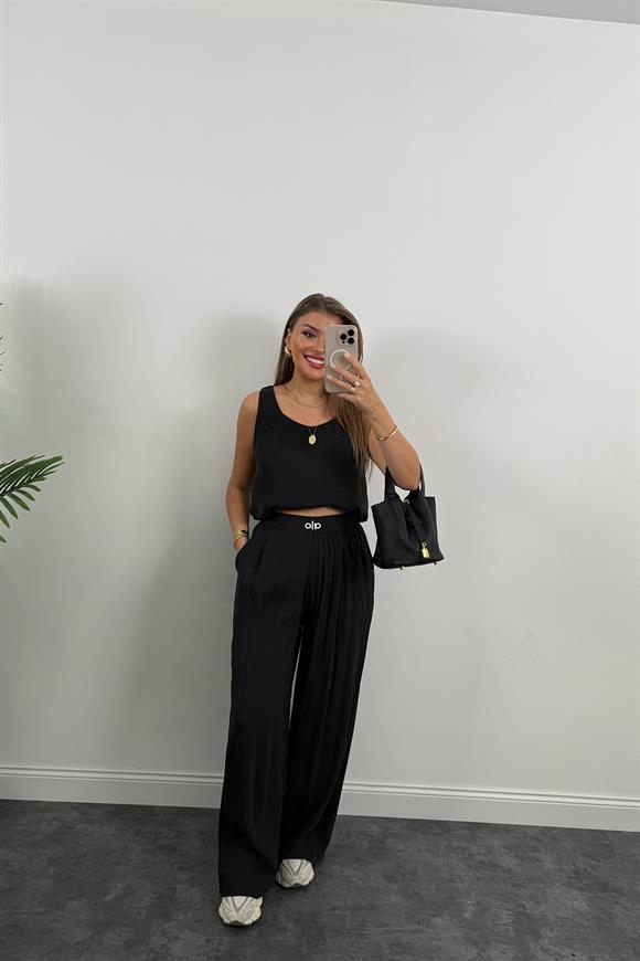 Premium Seri Beli Nakışlı Lastikli Tensel Kumaş OLA Takım Siyah