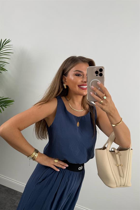 Premium Seri Beli Nakışlı Lastikli Tensel Kumaş OLA Takım İndigo