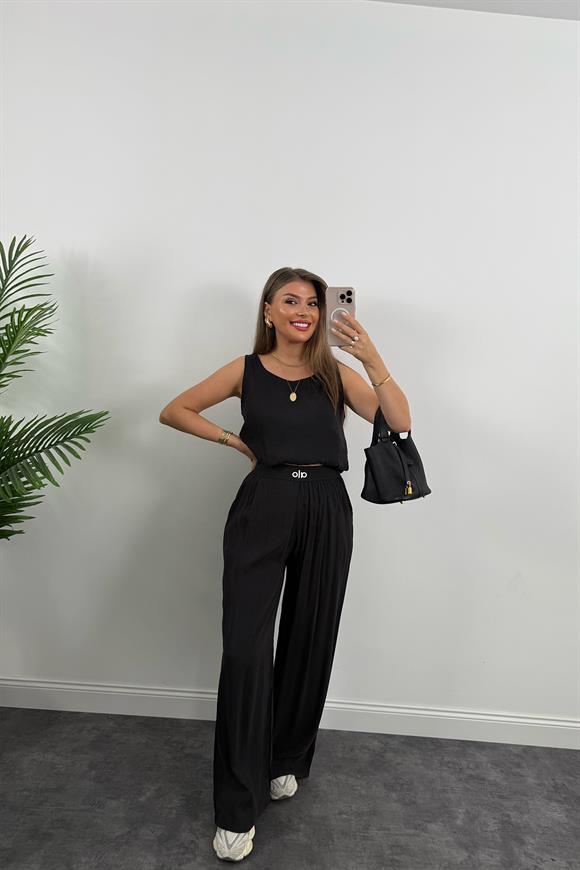 Premium Seri Beli Nakışlı Lastikli Tensel Kumaş OLA Takım Siyah